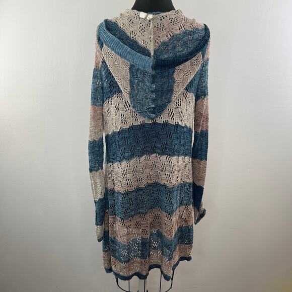 Anthropologie MOTH Open-Knit Linen Tan/Blue Stripe Hooded Midi Cardigan Duster S - Picture 5 of 9